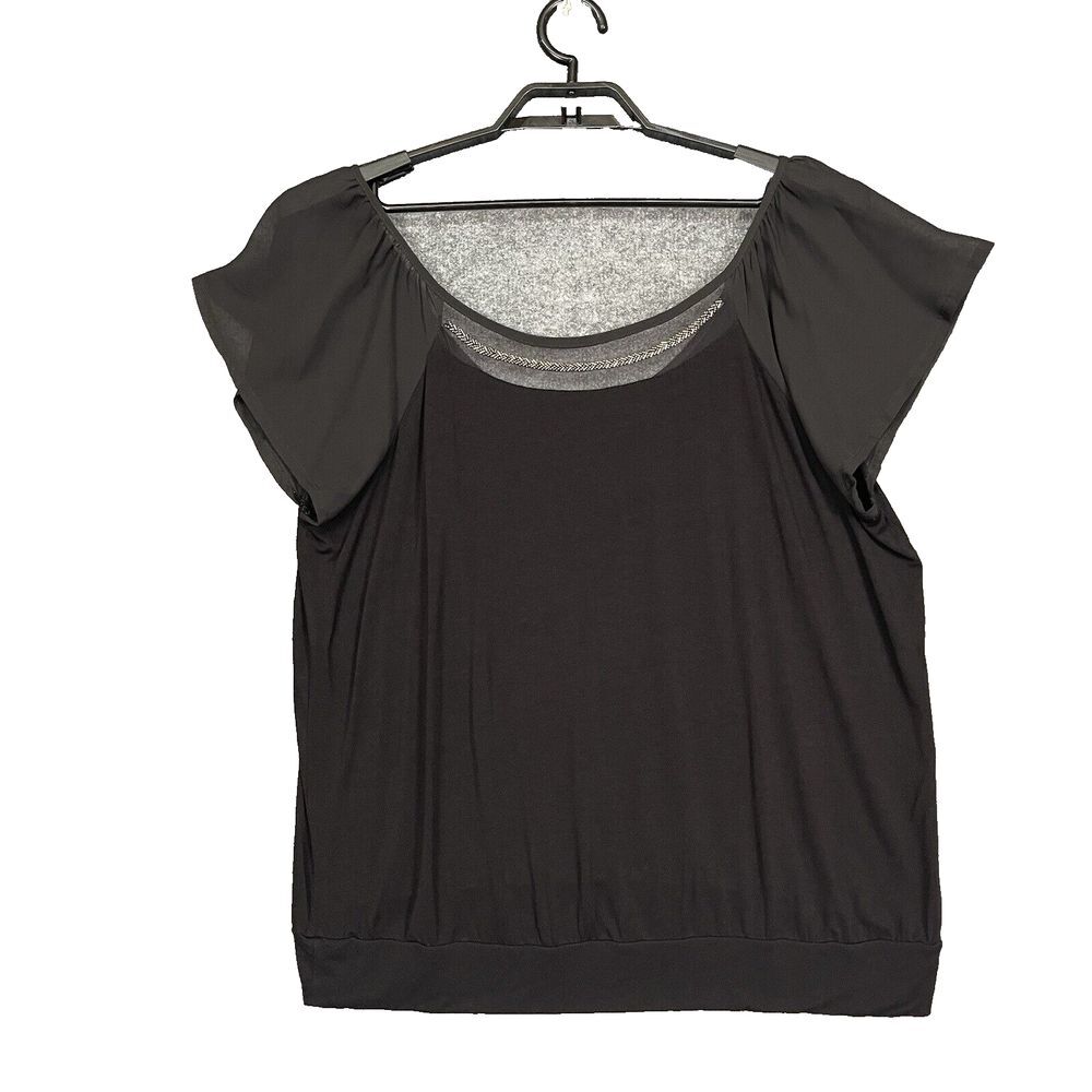 Torrid Shirt Womens 2X Black Blouse Metal Trim Neckline Flutter Sleeve Popover